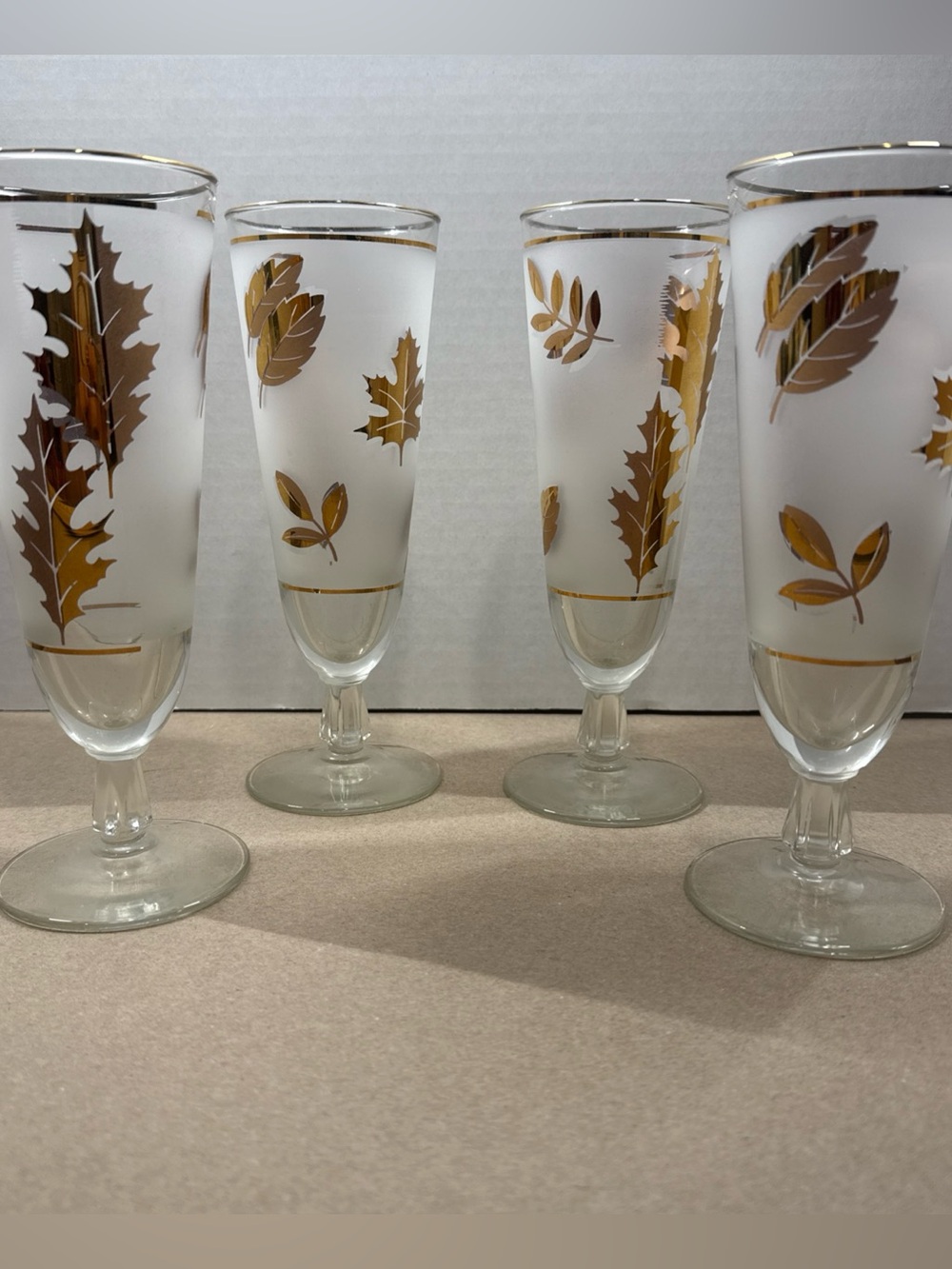Libbey Gold Leaf Frosted MCM Vintage Pilsner Beer Glasses - Set of 4